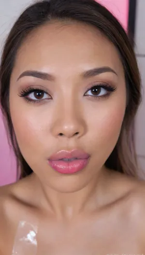 (Pinay Filipina Asian:1.2), (closed mouth:1.1), A Filipina's slut face, (27 years old), dark brown tanned skin, (softly overlined lips with muted rosy nude-pink lipstick, (subtle mauve undertones), (slightly deeper pink lip liner defining the edges:1.2), sheer translucent gloss layered over the lipstick, soft reflective highlights on the center of the lips, naturally full-looking lips), (medium-width natural nose), (straight natural nose bridge), (softly rounded slightly bulbous nose tip), (naturally wider nostrils), (subtle nasal width), (nose proportionate to the face), masculine jaw, (softly rounded jawline), (looking straight at camera:1.1), closed lips, (face portrait), (frontal shot), (round to softly oval face), natural facial asymmetry, natural facial proportions, realistic skin texture