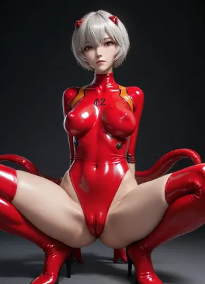(intricately detailed Ayanami Ray from Evangelion in red latex full body catsuit), squatting, legs spread at maximum angle, (covered very massive nipples:1.5), (covered small conical breasts:1.6), (highly detailed hair), naked woman, (skinny:1.8), (huge cameltoe:1.7), Dark background
