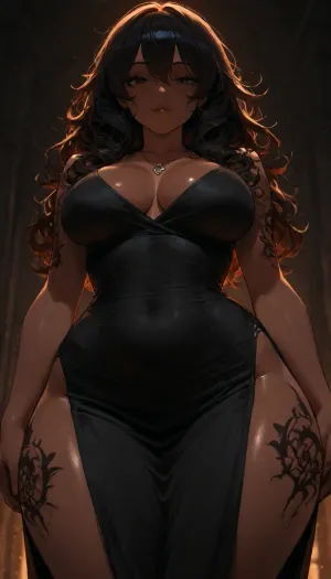 Black woman, voluminous curly hair, dark eyes, luminescent beetle tattoos on her skin, full breasts, wide hips, and thick thighs wearing a black linen dress. Tags, Close-up, Cinematic angle, 3-point fixed lighting, high quality, Full HD/4K, porn actress.