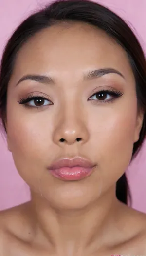 (portrait of a Pinay Filipina Asian:1.2), (tightly closed mouth, lips together:1.2), A Filipina's slut face and shoulders, (27 years old), dark brown tanned skin, (softly overlined lips with muted rosy nude-pink lipstick, (subtle mauve undertones), (slightly deeper pink lip liner defining the edges:1.2), sheer translucent gloss layered over the lipstick, soft reflective highlights on the center of the lips, naturally full-looking lips), (medium-width natural nose), (straight natural nose bridge), (softly rounded slightly bulbous nose tip), (naturally wider nostrils), (subtle nasal width), (nose proportionate to the face), masculine jaw, (softly rounded jawline), (looking straight at camera:1.1), closed lips, (face portrait), (frontal shot), (round to softly oval face), natural facial asymmetry, natural facial proportions, realistic skin texture