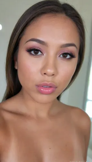 A Filipina's slut face, (27 years old), dark brown tanned skin, (softly overlined lips with a muted rosy nude-pink lipstick, subtle mauve undertones, slightly deeper pink lip liner defining the edges, sheer translucent gloss layered over the lipstick, soft reflective highlights on the center of the lips, naturally full-looking lips), masculine jaw, looking straight at camera, closed lips, face portrait, round face