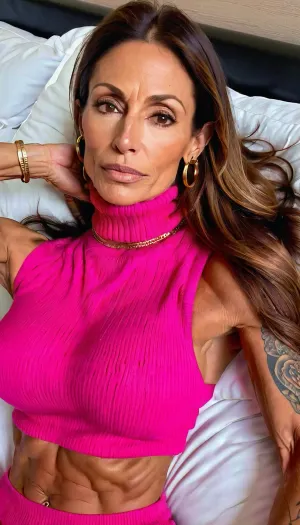 Lying on bed, huge fake tits cleavage, pink turtleneck knit sweater, ((old, 50yo)), handcuffed, gold hoop earrings, nose ring, tattoos, sexy neck, ((old brown hair mom woman)), (tan skin), (skinny muscle:1.3), (beautiful Mexican instagram model face), (fit body), very beautiful, perfect skinny body, perfect face, looking at the camera, perfect eyes, (skinny fit), pretty, snub-nosed, long hair, 4ng3l, face, <lora:clothed_small:1.8>, <lora:SDXL_BetterFaces-LoRA_v1:.8>