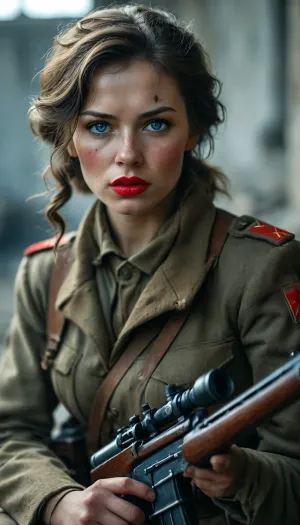 Soviet sniper woman od Stalingrad, Full Body, Full view, Blue eyes, red lip stock, on battlefield, brutal, forcef fucked by german soldier, lyingfloor, <lora:MJ52:.8>