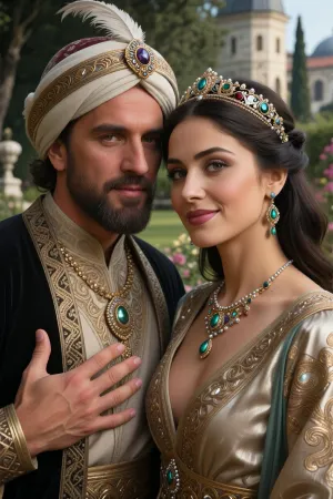 A painting depicting Sultan Suleiman and his concubine standing side by side in the gardens of Topkapı Palace, which are clearly visible in the background. A medium shot with cinematic lighting. Suleiman’s face bears a majestic, loving expression. The concubine gazes at him with love and reverence. Magnificent, highly detailed Ottoman jewellery, a turban adorned with a feather and fastened with a gemstone — worn by the sultan — whilst the concubine wears an elegant tiara and earrings encrusted with emeralds and rubies, as well as gemstone necklaces with impeccable texture. Photorealistic textures on Ottoman silk garments, 8K resolution.