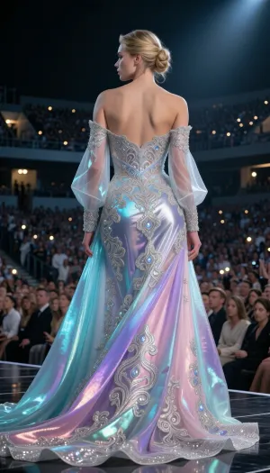 Masterpiece ultra photorealistic cinematic couture photography, luminous low key exposure with brilliant pearlescent highlights, deep dimensional shadows, strong local contrast, dramatic tonal separation, exquisite depth, a breathtaking elegant woman 28 years old standing with her back toward the viewer in the absolute foreground on a grand stadium stage, she is the clear focal point of the image, the composition is tighter and slightly closer to her than before, full length but more intimate, slightly elevated three quarter rear viewpoint revealing the graceful line of her shoulders, waist and the flowing movement of her gown, sophisticated blonde hair arranged in an intricate low twisted bun with softly curled strands, she wears an extraordinary floor length couture gown made from layered iridescent silk chiffon and luminous organza with elegant opaque lining, the fabric glows with shifting opalescent hues of icy cyan, turquoise, aquamarine, pale lavender, blush pink, silver and mother of pearl, extremely intricate embroidered filigree woven into the gown, microscopic metallic threads, delicate raised jacquard patterns, fine arabesque motifs, shimmering microfibers, crystalline textile detail, prismatic reflections traveling across every fold, luminous edges, rich tactile texture, realistic drape and structure, a long fluid train cascading beautifully behind her, she is being celebrated by a vast stadium audience of around one hundred thousand people, the surrounding crowd fills the background and the stands as a sea of lights and human presence, all spectators remain completely soft and out of focus, only their scale, energy and celebratory atmosphere are visible, the subject and her gown remain razor sharp, dramatic spotlighting from above and behind creates brilliant controlled specular highlights across the fabric, the stadium surrounding glows with diffused concert light, soft haze, atmospheric bloom and cinematic depth, premium full frame mirrorless photography, 70 mm prime lens, f 2.0, ISO 200, 1 over 160 second, high dynamic range, physically accurate global illumination, realistic fabric luminosity, precise skin texture, subtle analog film grain, controlled bloom around practical lights, refined highlight rolloff, luxurious editorial fashion photography, extreme microcontrast, exceptional textile fidelity, eight K photorealism