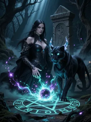 A masterpiece of the highest quality, (digital art in the ‘dark fantasy’ style:1.2), . A beautiful sorceress with mesmerising eyes and long dark hair, dressed in an exquisite obsidian-coloured Gothic gown, stands by an ancient stele in the very heart of the gloomy, mystical Black Forest. And she is weaving magic of the highest order. Her hand, with its sharp nails, is pointed downwards towards the glowing pentagram at her feet, streams of power flow from her hand, feeding the pentagram, at the centre of which a portal begins to form. Standing beside her is a majestic, mythical shadow panther with a perfectly defined, muscular feline physique, piercing, brightly glowing eyes and sharp, crystal-clear horns. In the background are twisted, dead trees and thick mist creeping across the ground. A vortex of magical energy forms around them, bright, ancient magical runes surround a five-pointed pentagram radiating pure energy, brightly glowing ethereal threads, and a portal slowly taking shape in the centre. Deep shadows, voluminous beams of light, dynamic neon-coloured turquoise and violet sparks, sharp focus on the characters, cinematic lighting.