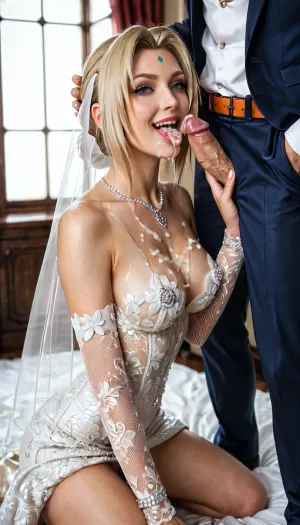 tsunade, (naruto), slim, medium breasts, wedding dress, kneeling oral position, mischievous smile, licking penis, cum on face, cum in mouth, cum on tongue, cum on breasts, cum on body, cum covered, side view, offscreen male, bright luxurious bedroom, airy light-colored interior, white and cream furnishings, soft daylight, elegant decor, luxurious elegant wedding dress, intricate white lace, delicate floral embroidery, fitted bodice, sweetheart neckline, long flowing skirt, layered tulle, translucent lace sleeves, satin fabric, subtle pearl embellishments, sparkling crystal details, long elegant train, sophisticated haute couture bridal Design, (Ultra skinny:1.4)