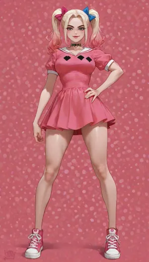 masterpiece, best quality, absurdres, very aesthetic, intricate details, 1girl, solo, Harley Quinn, aged up to 20 years old, short messy blonde hair, huge signature pink hair bow on top of head, heavy freckles across nose and cheeks, sharp blue eyes, thick dark eyebrows, slightly mature face, confident smirk, intense gaze, wearing her classic pink dress with white peter pan collar, short puffy sleeves, same exact outfit from the cartoon but on adult body, athletic and toned body, medium firm breasts, narrow waist, long legs, pink sneakers, standing pose, hand on hip, looking at viewer, hey arnold art style, cartoon aesthetic, clean thick outlines, flat colors with soft shading, vibrant pink and yellow color palette, detailed clothing folds, realistic proportions mixed with cartoon style, (Harley Quinn:1.3), (large pink hair bow:1.4), (freckles:1.2), (classic pink dress:1.25), hey arnold style, nickelodeon cartoon style
detailed face, sharp eyes, thick eyebrows