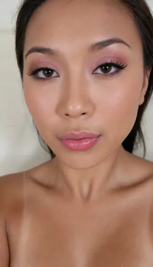 (Pinay Filipina Asian:1.2), (naturally full upper lip:1.2), (tightly closed mouth, lips together:1.2), A Filipina's slut face and shoulders, (27 years old), (warm dark brown tanned skin:1.3), (softly overlined lips with muted dark-rosy nude-pink lipstick, subtle mauve undertones, slightly deeper pink lip liner defining the edges:1.2), sheer translucent gloss layered over the lipstick, soft reflective highlights on the center of the lips, naturally full-looking lips, (medium-sized almond-shaped eyes:1.2), (slightly hooded eyes:1.15), (soft relaxed upper eyelids:1.15), (dark brown eyes), (natural softly defined eyebrows:1.15), (low natural eyebrow arch), (medium-width natural nose:1.15), (straight natural nose bridge:1.15), (moderately broad nose bridge), (softly rounded slightly bulbous nose tip:1.2), (naturally wider nostrils:1.15), (subtle nasal width:1.15), (nose proportionate to the face:1.2), (soft natural nose shape), (softly defined jawline), (slightly strong lower jaw), (full rounded cheeks:1.15), (soft oval face:1.2), (slightly elongated oval face), (natural facial asymmetry:1.15), natural facial proportions, (looking straight at camera:1.1), closed lips, (frontal photo, straight posture, face and shoulders), realistic skin texture