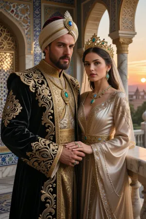 A hyper-realistic, exquisitely detailed cinematic portrait of the majestic Ottoman sultan and his beloved sultana. The sultan wears a sumptuous, intricately embroidered velvet caftan, lavishly adorned with gold thread, and a majestic turban with a large aigrette encrusted with precious stones. The sultana wears a stunning silk gown with delicate beadwork and a golden crown adorned with cascading veils and emerald ornaments. They stand with their hands touching, on a majestic marble balcony during a warm sunset at ‘golden hour’. Exquisite Islamic architecture, mosaic tiles, richly decorated arches, rich textures, three-dimensional lighting, photorealism and 8K resolution – a true masterpiece.