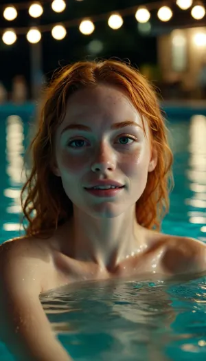 Movie scene in the style of Wild Things, sexy young ginger woman swimming naked in a pool at night, eager smile, you see the feet of a man on the pool deck watching them, vixen, "Wild Things", <lora:MJ52:1.9>