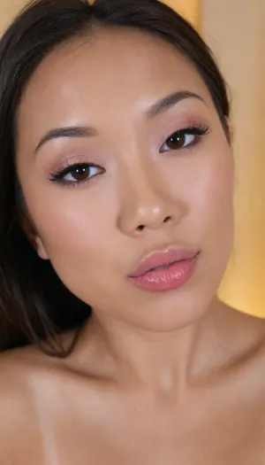 (Pinay Filipina Asian:1.2), (naturally full upper lip:1.2), (tightly closed mouth, lips together:1.2), A Filipina's slut face and shoulders, (27 years old), (warm dark brown tanned skin:1.3), (softly overlined lips with muted rosy nude-pink lipstick, subtle mauve undertones, slightly deeper pink lip liner defining the edges:1.2), sheer translucent gloss layered over the lipstick, soft reflective highlights on the center of the lips, naturally full-looking lips, (medium-sized almond-shaped eyes:1.2), (slightly hooded eyes:1.15), (soft relaxed upper eyelids:1.15), (dark brown eyes), (natural softly defined eyebrows:1.15), (low natural eyebrow arch), (medium-width natural nose:1.15), (straight natural nose bridge:1.15), (moderately broad nose bridge), (softly rounded slightly bulbous nose tip:1.2), (naturally wider nostrils:1.15), (subtle nasal width:1.15), (nose proportionate to the face:1.2), (soft natural nose shape), (softly defined jawline), (slightly strong lower jaw), (full rounded cheeks:1.15), (soft oval face:1.2), (slightly elongated oval face), (natural facial asymmetry:1.15), natural facial proportions, (looking straight at camera:1.1), closed lips, (face portrait), (frontal shot), realistic skin texture