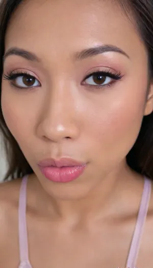 (portrait of a Pinay Filipina Asian:1.2), (tightly closed mouth, lips together:1.3), A Filipina's slut face and shoulders, (27 years old), dark brown tanned skin, (softly overlined lips with muted rosy nude-pink lipstick, (subtle mauve undertones), (slightly deeper pink lip liner defining the edges:1.2), sheer translucent gloss layered over the lipstick, soft reflective highlights on the center of the lips, naturally full-looking lips), (medium-width natural nose), (straight natural nose bridge), (softly rounded slightly bulbous nose tip), (naturally wider nostrils), (subtle nasal width), (nose proportionate to the face), masculine jaw, (softly rounded jawline), (looking straight at camera:1.1), closed lips, (face portrait), (frontal shot), (round to softly oval face), natural facial asymmetry, natural facial proportions, realistic skin texture