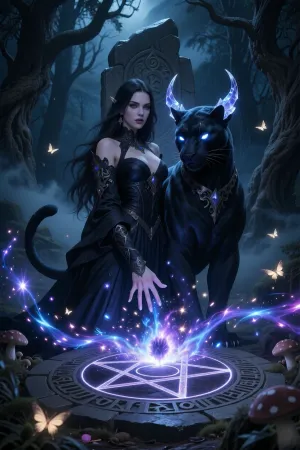 A masterpiece of the highest quality, (digital art in the ‘dark fantasy’ style:1.2), . A beautiful sorceress with mesmerising eyes and long dark hair, dressed in an exquisite obsidian-coloured Gothic gown, stands by an ancient stele in the very heart of the gloomy, mystical Black Forest. And she is weaving magic of the highest order. Her hand, with its sharp nails, is pointed downwards towards the glowing pentagram at her feet, streams of power flow from her hand, feeding the pentagram, at the centre of which a portal begins to form. Standing beside her is a majestic, mythical shadow panther with a perfectly defined, muscular feline build, piercing, brightly glowing eyes and sharp, crystal-clear horns. In the background are twisted, dead trees and thick mist creeping across the ground. A vortex of magical, yet shifting energy forms around them, glowing mushrooms and moths appear all around, the energy softens and the swirls take on the shape of a heart, bright, ancient magical runes surround a five-pointed pentagram radiating pure energy, along with brightly glowing ethereal threads and a portal slowly taking shape in the centre. Deep shadows, voluminous beams of light, dynamic neon-coloured turquoise and violet sparks, sharp focus on the characters, cinematic lighting.