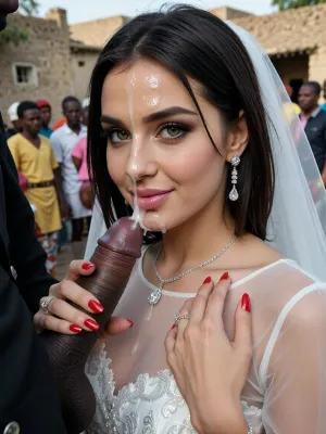 A stylish wedding portrait of a woman, (incredibly beautiful elegant turkish woman, 24 years old, onlyfansmodel, with big green eyes, perfect shiny eyes, medium length straight dark hair, cute face, perfect hair desing, full pink lips, She has a She has smooth and flawless skin, shy, perfect long red nails, prominent cheekbones, perfect hands, long diamond earrings, diamond wedding rigs, very realistic, 8K, very realistic.elegant and attractive facial features, smooth skin with natural texture, very white and very pale skin, perfect skin texture, diamond necklace, expressive eyes, soft feminine lines, no make-up, long eyelashes, dark eye makeup, captivating gaze, perfect nose, innocent look, very fair complexion, a fit body, ultra HD, realistic face, long legs.), in a white totally transparent sheer wedding dress and a black man with a very big monster black cock, cumshot in bride's eyes, cum on face, cumshot on bride's face, cumshot facial, bukkake face, happy face, arabic style makeup, the image captures a romantic yet confident pose, in a poor African village. people are watching in poor outfits in background.