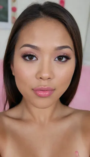 (portrait of a Pinay Filipina Asian:1.2), (tightly closed mouth, lips together:1.2), A Filipina's slut face and shoulders, (27 years old), (warm dark brown tanned skin:1.15), (softly overlined lips with muted rosy nude-pink lipstick, subtle mauve undertones, slightly deeper pink lip liner defining the edges:1.2), sheer translucent gloss layered over the lipstick, soft reflective highlights on the center of the lips, naturally full-looking lips, (medium-sized almond-shaped eyes:1.2), (slightly hooded eyes:1.15), (soft relaxed upper eyelids:1.15), (dark brown eyes), (natural softly defined eyebrows:1.15), (low natural eyebrow arch), (medium-width natural nose:1.15), (straight natural nose bridge:1.15), (moderately broad nose bridge), (softly rounded slightly bulbous nose tip:1.2), (naturally wider nostrils:1.15), (subtle nasal width:1.15), (nose proportionate to the face:1.2), (soft natural nose shape), (softly defined jawline), (slightly strong lower jaw), (full rounded cheeks:1.15), (soft oval face:1.2), (slightly elongated oval face), (natural facial asymmetry:1.15), natural facial proportions, (looking straight at camera:1.1), closed lips, (face portrait), (frontal shot), realistic skin texture