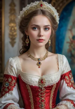 Portrait of a Russian beauty in national costume, lace filigree of bright, rich color. Super clear, highly detailed watercolor, glaze technique, plus colored alcohol ink, style of V. Vasnetsov