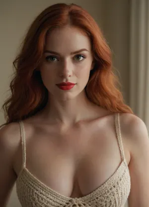 (best quality, award-winning photograph, sharp focus), Crocheted camisole, (wide knit), beautiful face, long hair, seductive face, make-up, red lipstick, redhead hair, perfect body, very large natural breasts, the whole figure is visible, soft smile, cinematic, movie still, hyperdetailed photography, 35mm photograph, film, professional, 4k, highly detailed, Golden hour lighting. Depth of field F2. Rule of Thirds Composition