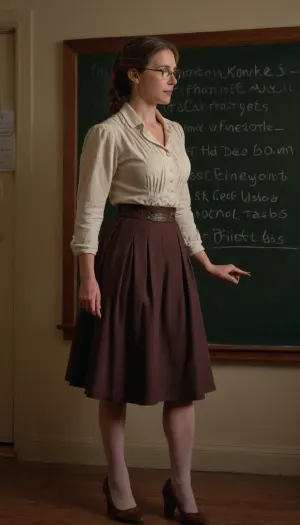 full body side view, Teacher of Walnut Grove, Eva Beadle-Simms on little house in the prairie, angry, old glasses, fit body, natural saggy dropped breasts, sexy attitude, openning her blouse, pulling up her skirt, underwears, show muscular thigh, she writes her name on the board of her old classroom in 1890