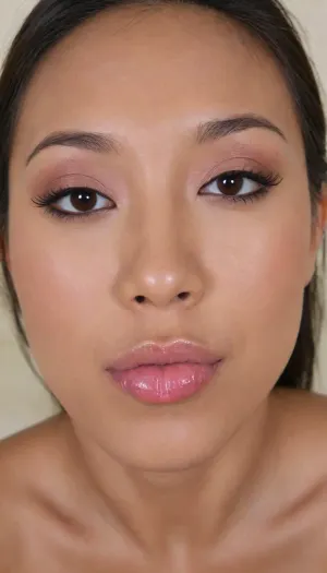 (Pinay Filipina Asian:1.2), (naturally full upper lip:1.2), (tightly closed mouth, lips together:1.2), A Filipina's slut face and shoulders, (27 years old), (warm dark brown tanned skin:1.3), (softly overlined lips with muted dark-rosy nude-pink lipstick, subtle mauve undertones, slightly deeper pink lip liner defining the edges:1.2), sheer translucent gloss layered over the lipstick, soft reflective highlights on the center of the lips, naturally full-looking lips, (medium-sized almond-shaped eyes:1.2), (slightly hooded eyes:1.15), (soft relaxed upper eyelids:1.15), (dark brown eyes), (natural softly defined eyebrows:1.15), (low natural eyebrow arch), (medium-width natural nose:1.15), (straight natural nose bridge:1.15), (moderately broad nose bridge), (softly rounded slightly bulbous nose tip:1.2), (naturally wider nostrils:1.15), (subtle nasal width:1.15), (nose proportionate to the face:1.2), (soft natural nose shape), (softly defined jawline), (slightly strong lower jaw), (full rounded cheeks:1.15), (soft oval face:1.2), (slightly elongated oval face), (natural facial asymmetry:1.15), natural facial proportions, (looking straight at camera:1.1), closed lips, (face portrait), (frontal shot), realistic skin texture