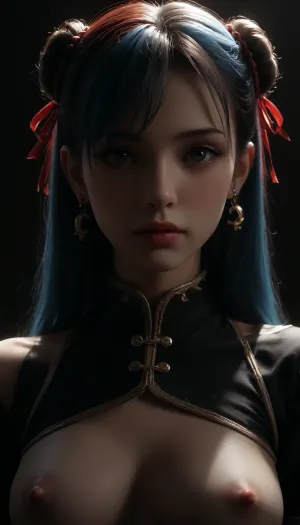 ((Portrait)), a hyper realistic ultra detailed photograph of a beautiful girl at a dark bedroom at night, blue hair, gloves, long wild hair, perfect face, perfect nose, full lips, strictly pose, detailed symmetric beautiful green eyes, detailed gorgeous face, chun li, environment, exquisite detail, ((upper body)), ((skinny body, medium height)), front view, long eyelashes, ((erect detailed nipples)), ((exaggerated breasts)), close up view, feather, 111cine8matic55, masterpiece, 32k, (Masterpiece), high quality, Volumetric Lighting, backlight, sexy, vibrant, stunningly beautiful, crisp, hyper realistic, sleek, red highlights, red shadows, <lora:dark:.5>