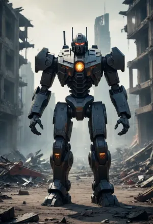 battle mech, black armor, glimming, in front of a destroyed city