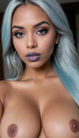 Insanely close up detailed photo of an latin 28-year-old girl, (((blue hairs))), curvy body, latina, black straight hairs, full lips, (((grey lipstick))), very big eyes, eyes shade make up, dark skin, (dark skin cinnamon), (nude:1.2), (naked:1.3), (((no clothes))), (((with elastic big breasts))), (((bubble earrings))), (different poses), (showing her butts), (pussy visible:1.3), sexy, beautiful, tanned, with a perfect face, detailed face, orgasm face, (detailed hair, light hairstyle:1.1), (shiny dark skin body, realistic sweat:1.1), straight hairs, black hairs, earrings, nose earrings, Looking at the camera, in a dark room, lots of details, three-dimensional, epic, clear focus, depth of field, professional lighting, full view, 8k photography, HDR, the picture was taken on Canon EOS R5, 75 mm lens