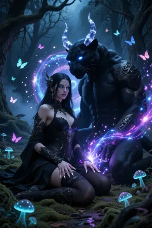 A masterpiece of the highest quality, (digital art in the ‘dark fantasy’ style:1.2), . A beautiful sorceress with mesmerising eyes and long dark hair, dressed in an exquisite obsidian-coloured Gothic gown, stands beside an ancient stele in the very heart of the gloomy, mystical Black Forest. And she is performing magic of the highest order. Her hand, with its sharp nails, is pointed downwards towards the glowing pentagram at her feet, streams of power flow from her hand, feeding the pentagram, at the centre of which a portal begins to form. The ritual is complete, and the panther has been transformed into a Hajit. In the background are twisted, dead trees and thick mist creeping across the ground, glowing mushrooms and moths. A vortex of magical energy forms around them, bright, ancient magical runes surround the five-pointed pentagram, which radiates pure energy, along with brightly glowing ethereal threads and the portal slowly taking shape at its centre. Deep shadows, voluminous beams of light, dynamic neon-coloured turquoise and violet sparks, sharp focus on the characters, cinematic lighting.