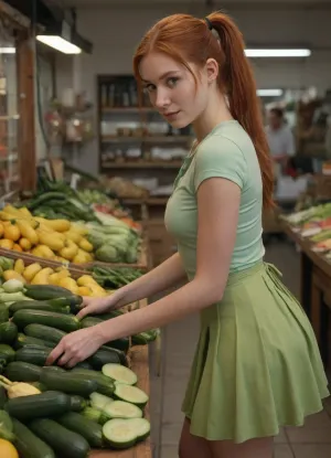 4k, high details picure, high details on face, perfect eyes, slender 25yo woman, working as fruit seller, medium chest, redhead hairs, ponytail, tight light green skirt, bending down, looking down at cucumbers, on a fruit shop