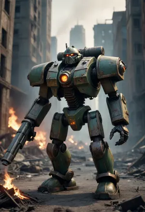 Mechanical goleaf warhammer 40000, in burned city