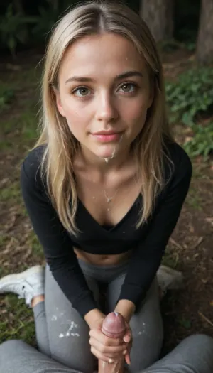 cinematic, pov, ultrarrealistic, from above, from side, super cute face, 25yo beautiful petite brunette, youthful face, playful, cheeky smile, sweaty skin, blonde hair, super skinny, stay on knees, (cum covered her pants:1.3), mouth open, cum on mouth, (cum on her pants), semen drips down, cleavage, (cum on cleavage, cum on legs), cum, uncensored, realistic, ejaculation, precum, cum_on_body, handjob, erection, ((projectile_cum)), testicles, cum on body, cum swapping, excessive cum, covered in cum, projectile cum, short woman, young adult woman, (petite), hair fringe, cutie face, big eyes, round eyes, long hair, brown eyes, small body, small breast, tiny boobs, wearing grey yoga pants, wearing black hoodie, white sneakers, petite body, tanned skin, professional photograph, ultra detailed, at forest at night, flat, chested, <lora:flat_chested_v3.5:2>