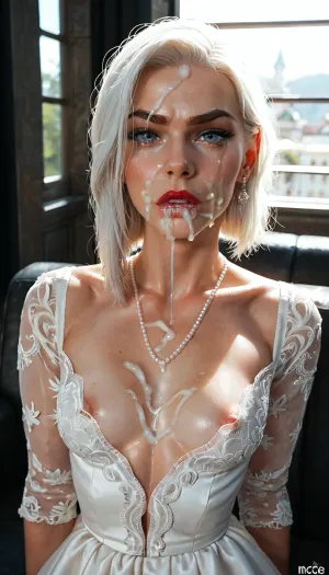 high quality, masterpiece, Ashe, (overwatch), facial, post-apocalypse, torn clothes, nipple slip, crying, defeat, close-up, excessive cum in mouth, disgust, cum drip, closed mouth, black theme, cum overflow, incase, cum on forehead, cum on hair, blue eyes, bright luxurious bedroom, airy light-colored interior, white and cream furnishings, soft daylight, elegant decor, luxurious elegant wedding dress, intricate white lace, delicate floral embroidery, fitted bodice, sweetheart neckline, long flowing skirt, layered tulle, translucent lace sleeves, satin fabric, subtle pearl embellishments, sparkling crystal details, long elegant train, sophisticated haute couture bridal Design, (Ultra skinny:1.6)