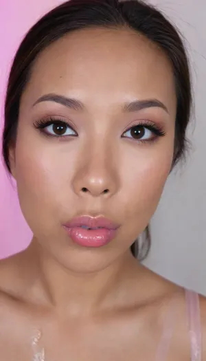 (portrait of a Pinay Filipina Asian:1.2), (tightly closed mouth, lips together:1.2), A Filipina's slut face and shoulders, (27 years old), dark brown tanned skin, (softly overlined lips with muted rosy nude-pink lipstick, (subtle mauve undertones), (slightly deeper pink lip liner defining the edges:1.2), sheer translucent gloss layered over the lipstick, soft reflective highlights on the center of the lips, naturally full-looking lips), (medium-width natural nose), (straight natural nose bridge), (softly rounded slightly bulbous nose tip), (naturally wider nostrils), (subtle nasal width), (nose proportionate to the face), masculine jaw, (softly rounded jawline), (looking straight at camera:1.1), closed lips, (face portrait), (frontal shot), (round to softly oval face), natural facial asymmetry, natural facial proportions, realistic skin texture