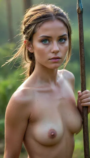 A naked warrior girl from an ancient tribe with a spear, <lora:Portrait_perfection:.8>, green, eyes, blue, brown, perfecteyes, <lora:PerfectEyesXL:.8>