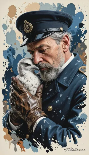 Affiche illustrée dans le style des gravures d'expédition polaire du début du XXe siècle, cadrage resserré en portrait sur Jean-Baptiste Charcot, explorateur et commandant français, tenant contre sa joue sa mouette Rita dans un dernier geste de tendresse. Son visage burin par des années d'expéditions arctiques et antarctiques porte les marques du vent, du sel et du froid, rides profondes autour des yeux, barbe et moustache grisonnantes soigneusement taillées mais alourdies par l'humidité, quelques mèches de cheveux gris s'échappant sous sa casquette de commandant sombre, dont la visière luisante capte un reflet de lumière orageuse. Son expression mêle une tristesse contenue et une dignité stoïque, sourcils légèrement froncés, regard baissé vers l'oiseau qu'il tient délicatement entre ses mains gantées de cuir usé, les doigts refermés avec une délicatesse presque paternelle. La mouette Rita, plumage blanc et gris cendré, la tête nichée contre la joue de son maître, un œil noir brillant tourné vers lui, ailes à peine entrouvertes, comme suspendue entre l'envol et l'attachement. Autour d'eux, le fond se dissout en larges aplats et traînées de couleur façon gravure à l'encre et lavis, teintes de bleu marine profond, gris ardoise et touches d'ocre pâle évoquant une lumière de tempête sans jamais décrire de forme reconnaissable — ni ligne d'horizon, ni silhouette de navire, seulement une texture atmosphérique abstraite, hachures et éclaboussures d'encre suggérant le mouvement du vent et des embruns. Le grain du papier est visible, légèrement jauni, avec de fines craquelures façon affiche ancienne conservée depuis un siècle. Le trait est marqué et expressif, typique des lithographies d'aventure, contours noirs appuyés sur le visage et les mains, ombrage par hachures croisées. La lumière est dramatique, concentrée sur le visage de Charcot et la tête de Rita, créant un halo doux au centre de la composition tandis que les bords sombrent progressivement dans l'obscurité. Palette de couleurs volontairement limitée à quatre tons, bleu marine, gris tempête, ocre pâle et blanc cassé. Composition verticale, intime, empreinte d'émotion et de gravité, à la manière d'une affiche commémorative d'expédition polaire française.