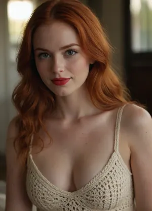 (best quality, award-winning photograph, sharp focus), Crocheted camisole, (wide knit), beautiful face, long hair, seductive face, make-up, red lipstick, redhead hair, perfect body, very large natural breasts, the whole figure is visible, soft smile, cinematic, movie still, hyperdetailed photography, 35mm photograph, film, professional, 4k, highly detailed, Golden hour lighting. Depth of field F2. Rule of Thirds Composition