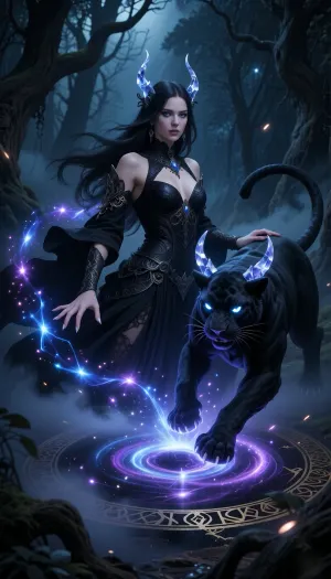 A masterpiece of the highest quality, (digital art in the ‘dark fantasy’ style:1.2), . A beautiful sorceress with mesmerising eyes and long dark hair, dressed in an exquisite obsidian-coloured Gothic gown, stands by an ancient stele in the very heart of the gloomy, mystical Black Forest. And she is weaving magic of the highest order. Her hand, with its sharp nails, is pointed downwards towards the glowing pentagram at her feet, streams of power flow from her hand, feeding the pentagram, at the centre of which a portal begins to form. Standing beside her is a majestic, mythical shadow panther with a perfectly defined, muscular feline physique, piercing, brightly glowing eyes and sharp, crystal-clear horns. In the background are twisted, dead trees and thick mist creeping across the ground. A vortex of magical energy forms around them, bright, ancient magical runes surround a five-pointed pentagram radiating pure energy, brightly glowing ethereal threads, and a portal slowly taking shape in the centre. Deep shadows, voluminous beams of light, dynamic neon-coloured turquoise and violet sparks, sharp focus on the characters, cinematic lighting.