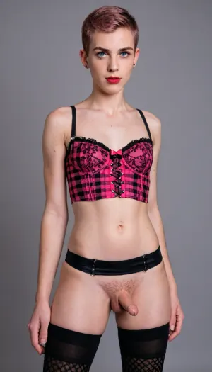 effeminate twink, ((twink)), (((crossdresser))), (((feminine))), (((pink wig))), short, dyed pink hair, red lipstick, eyeshadow, makeup, and false eyelashes. completely shaved. his body is delicate, feminine, and petite. he has slender arms, a slim waist, and a round butt. his penis is small, (((visible penis))), (((micropenis))), (((shrunken penis))), delicate, and shrunken., 20 years old, small and pointy breasts, ((great viewing angle)), masterpiece, professional lighting, Tony, Ahegao, face, Tongue, out, Cross, eyed, 4h3g40, detailed, style, latex, one breast out, photorealistic, White beautiful naked twink with breasts and a pubic hairstyle in bondage, bhands, realistic, hands, no panties, uniform, skirt, miniskirt, microskirt, thighhighs, plaid, fishnets, from, behind, panties, bra, lingerie, crop, top, corset, shirt