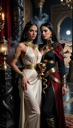 A beautiful adult Stygian princess stands in a grand Stygian palace in the Hyborian Age, dark sword-and-sorcery atmosphere inspired by Conan. She is in her mid-twenties, with deep bronze-brown skin, dark almond eyes, long straight raven-black hair, refined aristocratic features, and a calm, proud, dangerously self-assured expression. She wears luxurious Stygian royal clothing inspired by ancient Egyptian and Near Eastern aesthetics transformed into dark fantasy, a extremely skimpy fitted ivory sheer silk gown with elegant draped fabric, ornate gold collar, jeweled belt, heavy bracelets, armlets, rings, and a delicate gold diadem with a subtle serpent motif. One hand rests on the carved black-stone arm of an ornate throne, the other holds a golden ceremonial cup.

Behind and slightly beside her stands her female Stygian sorcerer, advisor and lover. She is an equally beautiful adult Stygian woman, slightly taller, with dark bronze skin, long black hair, intense almost-black eyes, and an unnervingly calm expression. She wears layered black and deep crimson robes decorated with ancient gold sigils, serpentine embroidery, occult symbols of Set, dark gemstones, and a serpent-shaped talisman of blackened gold. She stands far closer than a mere advisor should, one hand resting lightly and possessively at the princess’s waist as she leans toward her ear as if whispering private counsel. The princess’s relaxed posture and faint private smile reveal intimacy, trust and conspiracy between them.

Subtle magic surrounds the sorceress, faint dark smoke around her fingers, a dim green-gold glow in her eyes, and the ghostly suggestion of a vast serpent shape hidden in the shadows behind her. The palace is unmistakably Stygian, towering black stone columns carved with serpents, golden braziers, red silk curtains, bronze lamps, carved ritual reliefs, polished stone floors, incense smoke, statues of ancient kings and priests, and distant arches opening toward a moonlit desert city and a great dark river. A colossal shadowed statue of Set looms in the background. Luxurious, decadent, dangerous atmosphere. Cinematic full-body composition, princess dominant in the foreground, sorceress intimately behind her, realistic anatomy, dramatic chiaroscuro, warm firelight mixed with cool moonlight, richly detailed fabrics, jewelry and architecture, photorealistic dark fantasy, epic sword-and-sorcery film still.