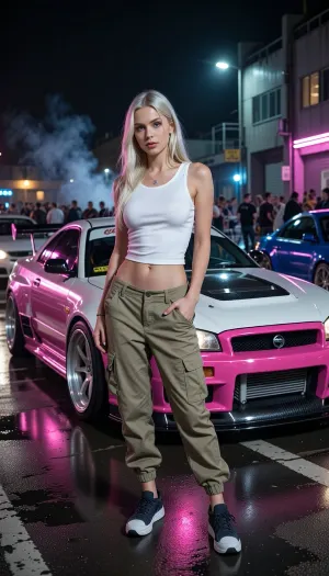 Photorealistic cinematic full-body portrait of a beautiful Danish Scandinavian female street racer in her mid-20s standing confidently in front of her heavily modified Nissan Skyline GT-R at an illegal nighttime street racing event. She has long platinum-blonde hair, striking blue eyes, fair Nordic skin, athletic feminine build, self-assured slightly rebellious expression. She wears a tight fitted white tank top, low-rise khaki cargo pants sitting loosely on her hips, practical sneakers, subtle silver jewelry.

Behind her is her personal highly tuned Nissan Skyline GT-R, aggressive Japanese tuner build, widebody kit, lowered suspension, large performance wheels, low-profile tires, huge intercooler, racing brakes, carbon-fiber details, aerodynamic front splitter and rear wing. Distinctive custom two-tone paint scheme, vivid hot pink and clean pearl white, glossy finish reflecting the surrounding neon lights. The car looks genuinely race-prepared rather than a showroom display.

Nighttime underground street racing meet in an industrial district, wet asphalt reflecting pink, blue and white neon, modified Japanese performance cars and small groups of racers in the background, headlights, faint tire smoke, portable work lights, energetic crowd atmosphere. She stands directly in front of her GT-R as if waiting for her race to be called, relaxed but focused, one hand casually resting near her cargo pocket, unmistakable owner-and-driver body language.

Low cinematic camera angle, 35mm automotive photography, shallow depth of field, realistic skin texture, realistic fabric folds, detailed platinum hair, accurate human anatomy, dramatic neon rim lighting, soft reflections across the car body, subtle atmospheric haze, gritty late-night street racing aesthetic, high-end editorial automotive photography, natural proportions, highly detailed, realistic, cinematic.