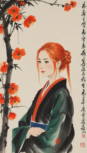 Gwen Tennyson, (bright orange hair), portrayed with the artistic essence of Qi Baishi's renowned brushwork, wearing a kimono, Using minimal strokes, Qi Baishi's signature style brings out Gwen's character, emphasizing its curiosity and independence. Gwen might be depicted in a simple yet evocative setting, surrounded by delicate depictions of flora or objects that offer a glimpse into its world.The overall scene carries a sense of whimsy and an appreciation for the beauty in everyday life, gwen, tennyson, (/Ben10), /, (ultra, HD, quality, details), bright, orange, hair, short, (green, eyes), style, of, Qi, Baishi, baishi, <lora:tbh170-sdxl:2>, <lora:baishi_xl_0_-000004:2>