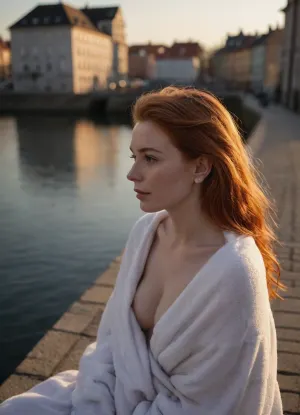 Front side view of a 25yo Scandinavian woman, a spring morning, morning warm sunrise light, she is sitting near a boardwalk by the harbor in a city canal, leaning against a low stony wall, (facing the water front), 5 story old-city buildings in the background, a few cars passing by in the background, a blanket covering her partly, secretly mastubating, secretly fingering herself, fantasizing about her lover, wearing white iPhone earplugs, a loose sweater with big neck revealing the top of her chest, redhead hair in a makeshift hold with a plastic barrette hair clip, morning messy hair, a bag beside her and a folded towel and a folded swimsuit, big nose in profile, full lips, slightly chubby, skirt