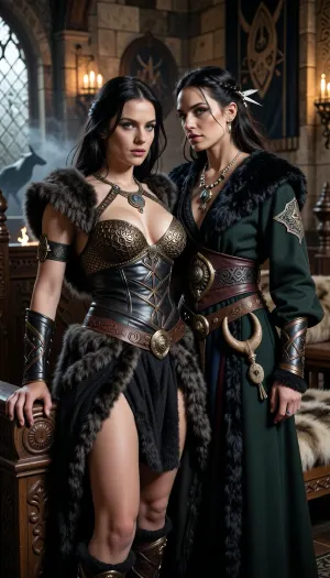 A beautiful adult Cimmerian princess stands in the great hall of a chieftain in Cimmeria, in a dark sword-and-sorcery world inspired by Conan. She is in her mid-twenties, tall, strong and regal, with pale weathered skin, storm-gray eyes, long thick raven-black hair, proud delicate features, and a calm, self-assured expression. She is beautiful in a fierce northern way, more powerful and delicate. She wears luxurious but harsh Cimmerian noble clothing suited to a brutal land, a dark wool loincloth layered with leather and heavy fur, fitted enough to show rank without looking modern, decorated with knotwork embroidery, bronze clasps, arm rings, belts and carved bone or stone jewelry, and a tight fitted ornate bronze chainmail bikini top snugly containing her ample bosom. One hand rests on the carved arm of a heavy wooden throne.

Behind and slightly beside her stands her female Cimmerian shaman, advisor and lover. She is an equally beautiful adult woman, slightly taller, with pale skin, dark hair braided with bone beads and feathers, piercing gray eyes, and an intense, unreadable expression. She wears layered black, charcoal and deep forest-green robes of wool, fur and leather, decorated with runes, talismans, carved bone charms, antler pieces and ancient tribal symbols. She stands far closer than a mere advisor should, one hand resting lightly and possessively at the princess’s waist as she leans toward her ear as if whispering private counsel. The princess’s relaxed posture and faint private smile reveal intimacy, trust and conspiracy between them.

Subtle ancient magic surrounds the shaman, faint mist around her fingers, a dim cold blue-gray glow in her eyes, and the ghostly suggestion of a wolf, raven or shadowy ancestral spirit hidden in the darkness behind her. The hall is unmistakably Cimmerian, massive timber beams, rough stone walls, carved wooden pillars, animal pelts, shields, spears, bronze braziers, smoky firelight, long benches, ancient banners, and a distant opening showing bleak mountains, dark forests and a storm-heavy sky. The atmosphere is harsh, ancient, intimate and dangerous, with the feeling of tribal power, old bloodlines and forbidden northern magic. Cinematic full-body composition, princess dominant in the foreground, shaman intimately behind her, realistic anatomy, dramatic firelight and cold northern light, richly detailed fur, leather, wood and stone textures, photorealistic dark fantasy, epic sword-and-sorcery film still.