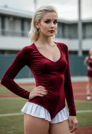 (masterpiece, best quality:1.2), 1 czech 25yo woman, fashion influencer, (she wears a maroon velvet winter cheerleader outfit with leotard and sneakers:1.4), on a sports field, short slicked-back white hair, (modern styled with jewelry, earrings, bangles:1.4), brown eyes, photorealism, <lora:style_lora_realis:.5>, <lora:slicked-back_hair-000006:.5>