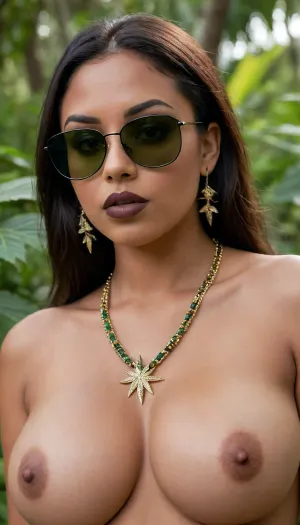 Insanely close up photo of an latin 28-year-old girl, curvy body, latina, black straight hairs, full lips, (((green olive lipstick))), (((big black rectangular sunglasses))), (((holding marijuana))), butt pose, (((necklace))), very very big eyes, make up, dark skin, (dark skin cinnamon), (nude:1.2), (naked:1.3), (((no clothes))), (((with elastic big breasts))), (((mono earrings))), (p), (pussy visible:1.3), sexy, beautiful, tanned, with a perfect face, detailed face, (detailed hair, light hairstyle:1.1), (((jungle background))), (shiny dark skin body, realistic sweat:1.1), straight hairs, black hairs, earrings, nose earrings, Looking at the camera, in a dark room, lots of details, three-dimensional, epic, clear focus, depth of field, professional lighting, full view, 8k photography, HDR, the picture was taken on Canon EOS R5, 75 mm lenst