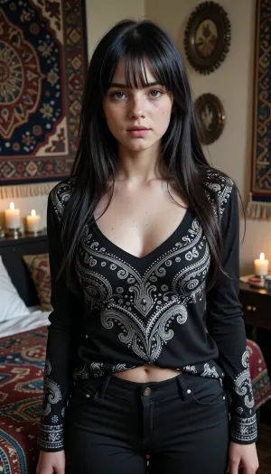 Photorealistic, highly detailed and realistic eyes, face, facial expression, skin with blemishes, hair. Sharply focused. Detailed and well-focused eyes.
BREAK
The subject is an 18 year old caucasian girl, innocent, pale skin, round face, black hair, (very long hair:1), bangs, dark eyes, thin, small breasts, wearing black long sleeve loose shirt with paisley and swirling patterns, tight pants, standing
BREAK
Her bedroom, decorated with tapestries, wall hangings, candles.
BREAK
View is 2/3 of body, from knees to head