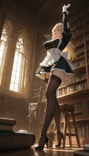 masterpiece, best quality, ultra-detailed, highly detailed, intricate details, sharp focus, beautiful detailed eyes, beautiful detailed face, 1girl, solo, maid, french maid, black and white maid outfit, frilled apron, frilled dress, short dress, black stockings, garter straps, high heels, maid headdress, white gloves, standing on a wooden stool, standing on tiptoes, on one foot, reaching up, arms raised, stretching, dusting, feather duster in hand, cleaning the top of a bookshelf, library, large wooden bookshelf, tall bookshelves filled with books, old books, leather-bound books, dusty books, upper shelf, reaching for the highest shelf, from below, low angle, dynamic pose, arched back, raised arms, looking up, focused expression, slightly open mouth, indoor, library interior, warm lighting, soft volumetric lighting, dust particles in the air, floating dust motes, sunlight from window, depth of field, detailed background
