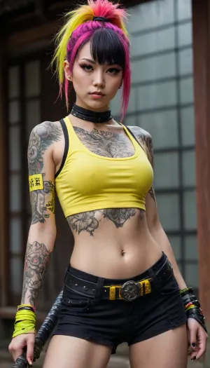 Editorial Vivienne Tam photography of a gothic punk rebel Japanese, full body view, intricate details, athletic well rounded Body female, [woman], with neon yellow and black tattoos and wielding a katana, [yellow and black], close up, in the style of anime art, expressive textural quality, photo-realistic techniques, vibrant colorful palette, hurufiyya, 32k uhd, fluid dynamic brushwork, realistic hyper-detailed portraits, sharp angles, hard-edged painting, ukiyo-e, (I can’t believe how beautiful this is)