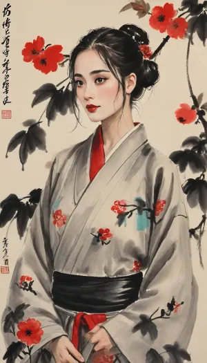 Harley Quinn from Batman, portrayed with the artistic essence of Qi Baishi's renowned brushwork, wearing a kimono, Using minimal strokes, Qi Baishi's signature style brings out Gwen's character, emphasizing its curiosity and independence. Gwen might be depicted in a simple yet evocative setting, surrounded by delicate depictions of flora or objects that offer a glimpse into its world.The overall scene carries a sense of whimsy and an appreciation for the beauty in everyday life, (ultra, HD, quality, details), style, of, Qi, Baishi, baishi, <lora:tbh170-sdxl:2>, <lora:baishi_xl_0_-000004:2>