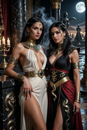 A beautiful adult Stygian princess stands in a grand Stygian palace in the Hyborian Age, dark sword-and-sorcery atmosphere inspired by Conan. She is in her mid-twenties, with deep bronze-brown skin, dark almond eyes, long straight raven-black hair, refined aristocratic features, and a calm, proud, dangerously self-assured expression. She wears luxurious Stygian royal clothing inspired by ancient Egyptian and Near Eastern aesthetics transformed into dark fantasy, a extremely skimpy fitted ivory sheer silk gown with elegant draped fabric, ornate gold collar, jeweled belt, heavy bracelets, armlets, rings, and a delicate gold diadem with a subtle serpent motif. One hand rests on the carved black-stone arm of an ornate throne, the other holds a golden ceremonial cup.

Behind and slightly beside her stands her female Stygian sorcerer, advisor and lover. She is an equally beautiful adult Stygian woman, slightly taller, with dark bronze skin, long black hair, intense almost-black eyes, and an unnervingly calm expression. She wears layered black and deep crimson robes decorated with ancient gold sigils, serpentine embroidery, occult symbols of Set, dark gemstones, and a serpent-shaped talisman of blackened gold. She stands far closer than a mere advisor should, one hand resting lightly and possessively at the princess’s waist as she leans toward her ear as if whispering private counsel. The princess’s relaxed posture and faint private smile reveal intimacy, trust and conspiracy between them.

Subtle magic surrounds the sorceress, faint dark smoke around her fingers, a dim green-gold glow in her eyes, and the ghostly suggestion of a vast serpent shape hidden in the shadows behind her. The palace is unmistakably Stygian, towering black stone columns carved with serpents, golden braziers, red silk curtains, bronze lamps, carved ritual reliefs, polished stone floors, incense smoke, statues of ancient kings and priests, and distant arches opening toward a moonlit desert city and a great dark river. A colossal shadowed statue of Set looms in the background. Luxurious, decadent, dangerous atmosphere. Cinematic full-body composition, princess dominant in the foreground, sorceress intimately behind her, realistic anatomy, dramatic chiaroscuro, warm firelight mixed with cool moonlight, richly detailed fabrics, jewelry and architecture, photorealistic dark fantasy, epic sword-and-sorcery film still.